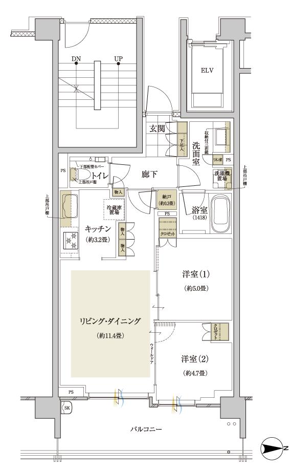 グランドメゾン武蔵小杉の杜の間取り図　A(4階)：2LDK＋N
