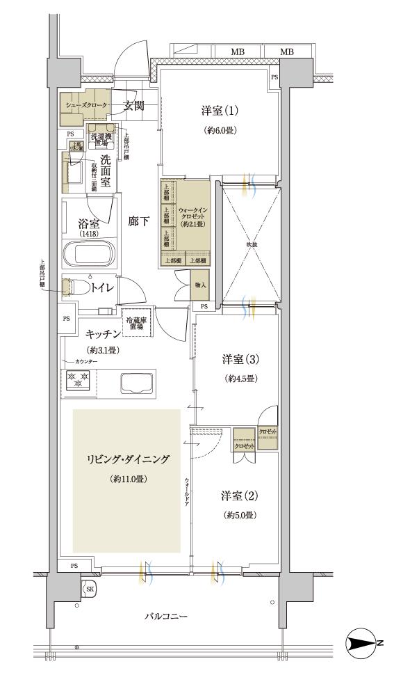 グランドメゾン武蔵小杉の杜の間取り図　D3r(4階)：3LDK+WIC+SC