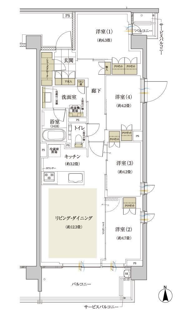 グランドメゾン武蔵小杉の杜の間取り図　R(2階)：4LDK＋SC