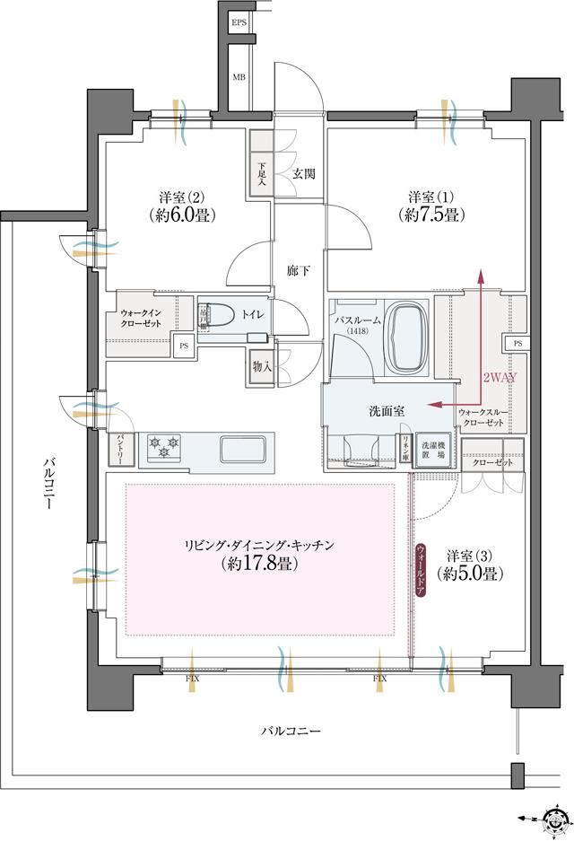 クリオ北浦和ガーデンコートの間取り図　A1：3LDK+WTC+WIC
