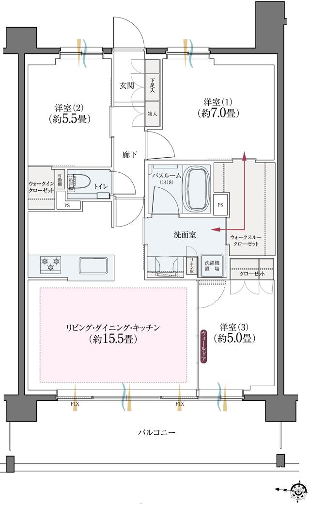 クリオ北浦和ガーデンコートの間取り図　B2：3LDK+WTC+WIC