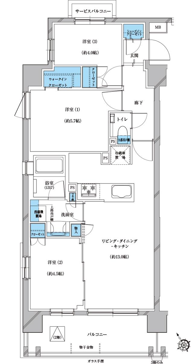 プレシス戸田公園ヴェルデの間取り図　E：3LDK+WIC+SIC