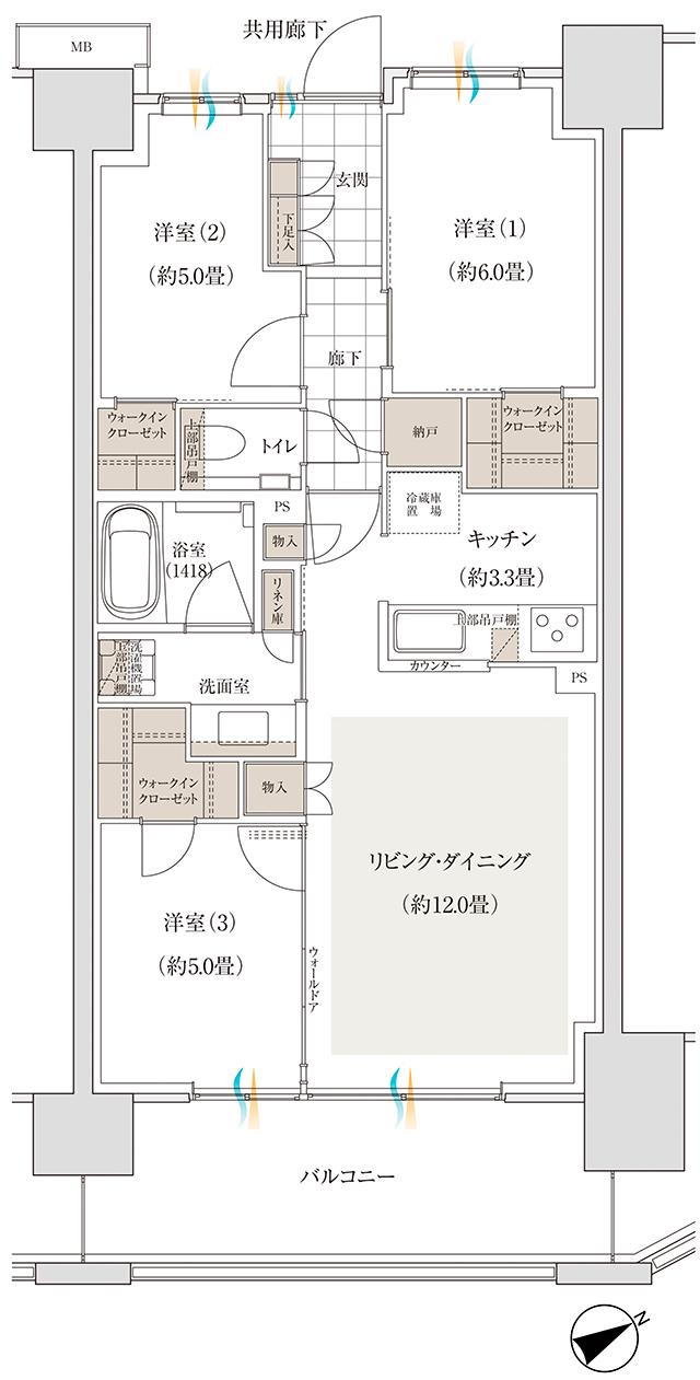 バウス加賀の間取り図　C11：3LDK+3WIC+N