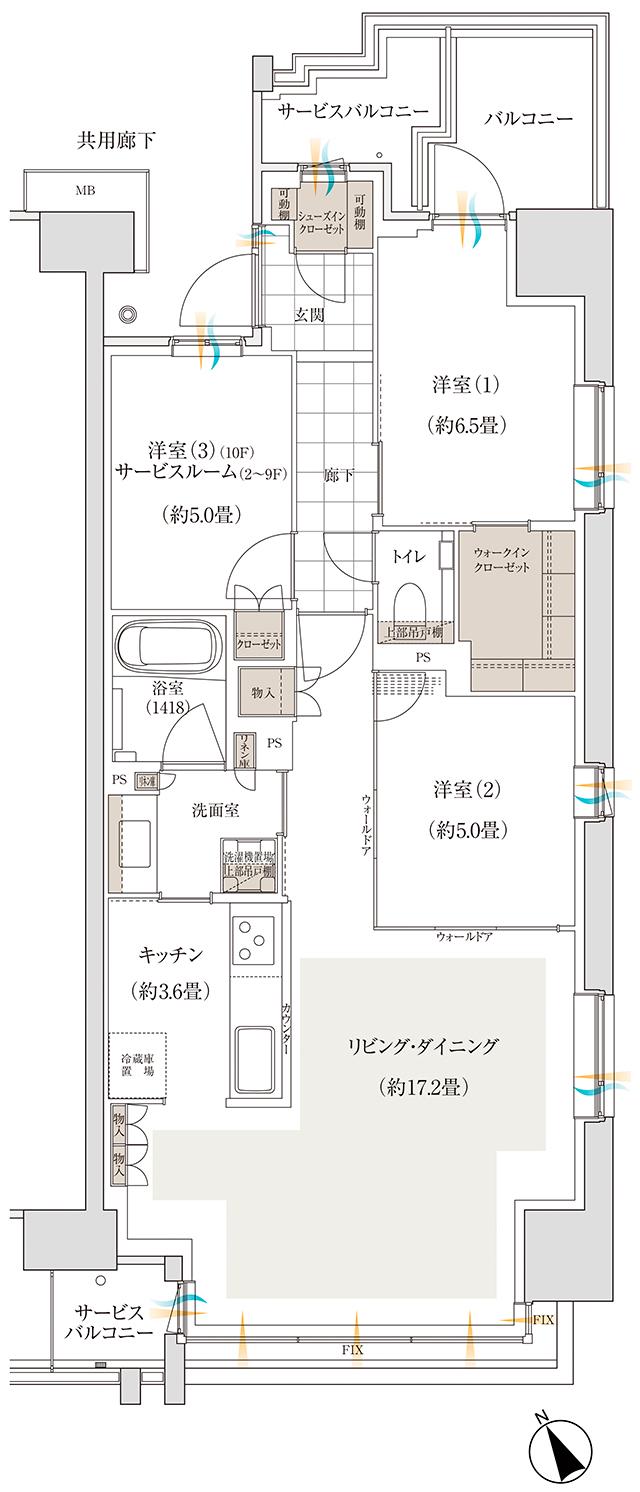 バウス加賀の間取り図　B7：3LDK+WIC+SIC