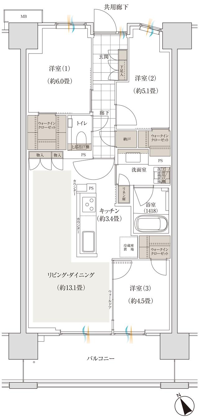 バウス加賀の間取り図　B4：3LDK+3WIC+N