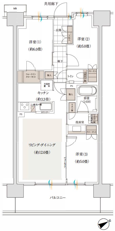バウス加賀の間取り図　C6：3LDK+WIC
