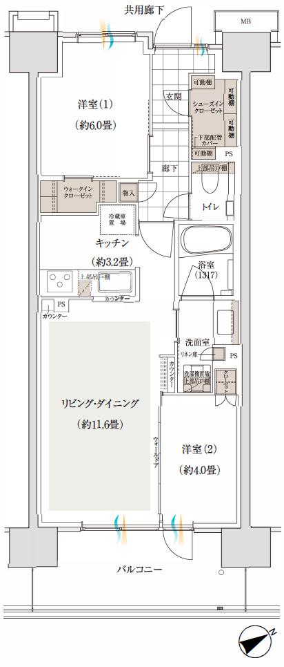 バウス加賀の間取り図　C5：2LDK+WIC+SIC