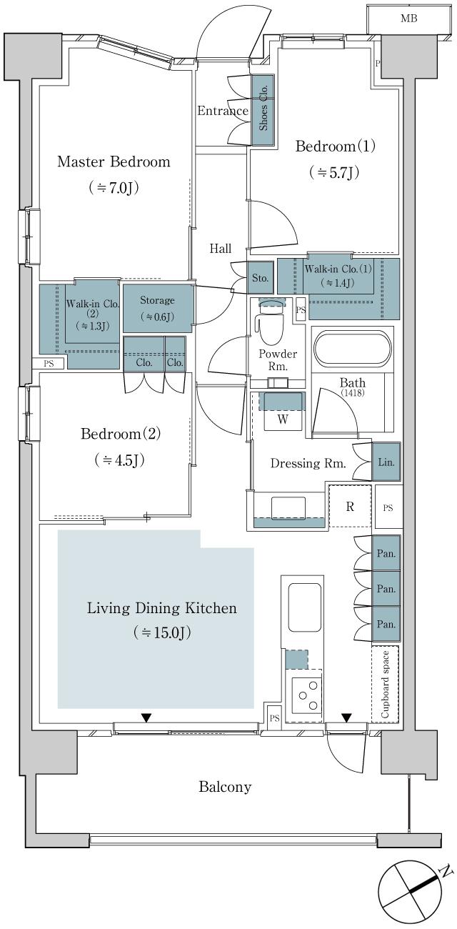 パークホームズ上板橋の間取り図　75E：3LDK+2WIC+S