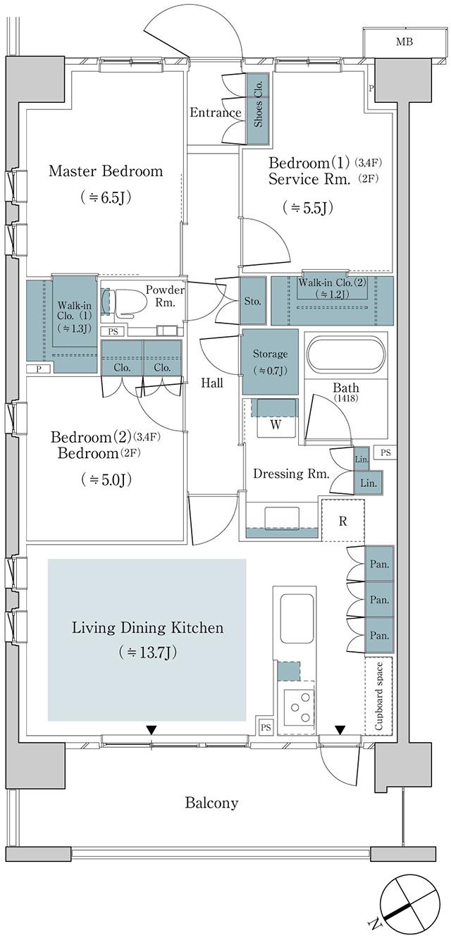 パークホームズ上板橋の間取り図　75Q：3LDK+2WIC+S