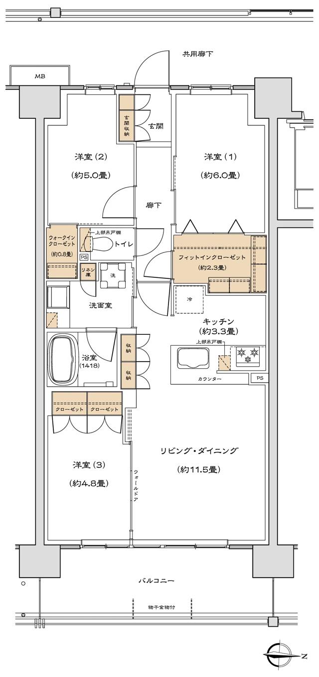 リーフィアレジデンス海老名ブライトガーデンの間取り図　C：3LDK+WIC+FIC