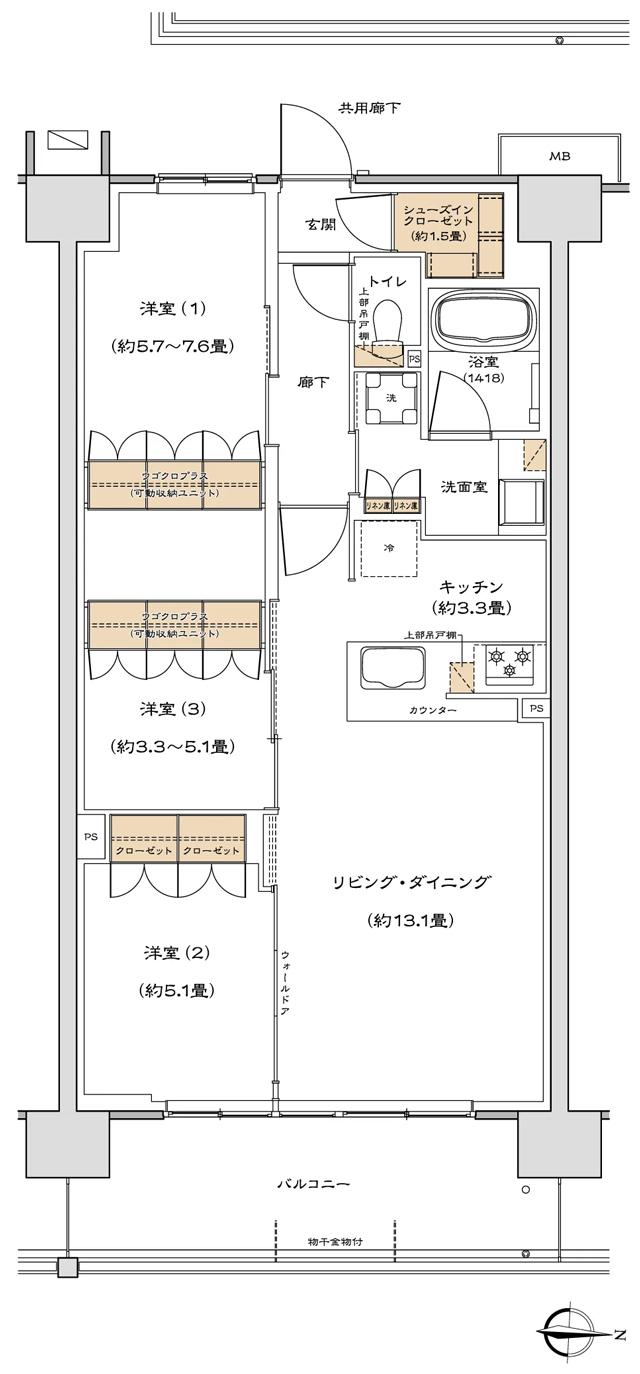 リーフィアレジデンス海老名ブライトガーデンの間取り図　I：3LDK+SIC+ウゴクロ