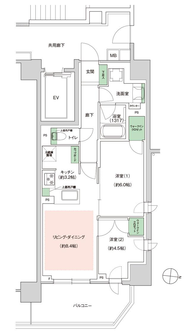 ジェイグラン国立の間取り図　H：2LDK+2WIC