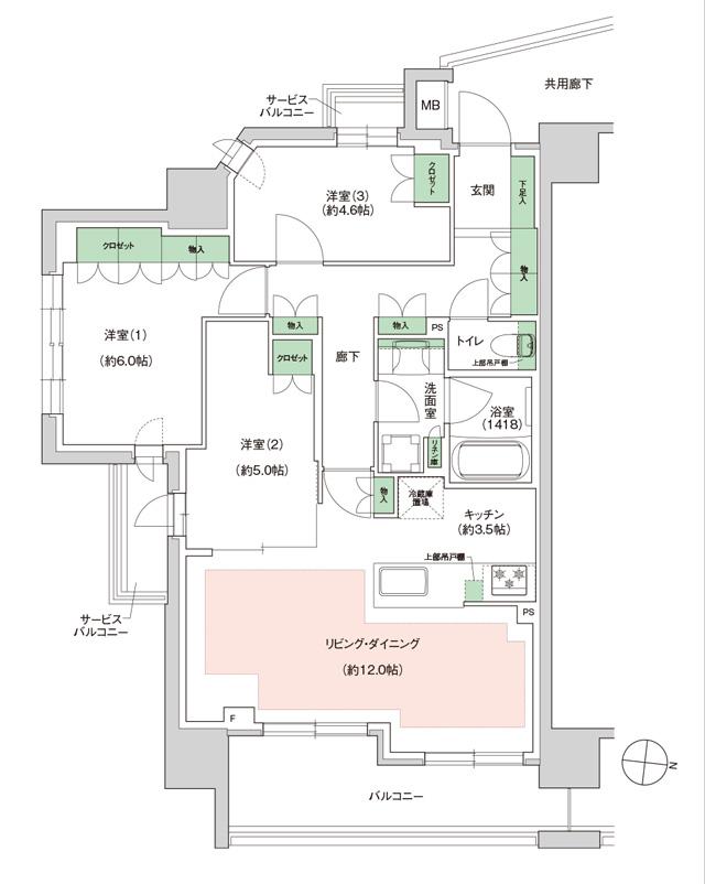 ジェイグラン国立の間取り図　E：3LDK