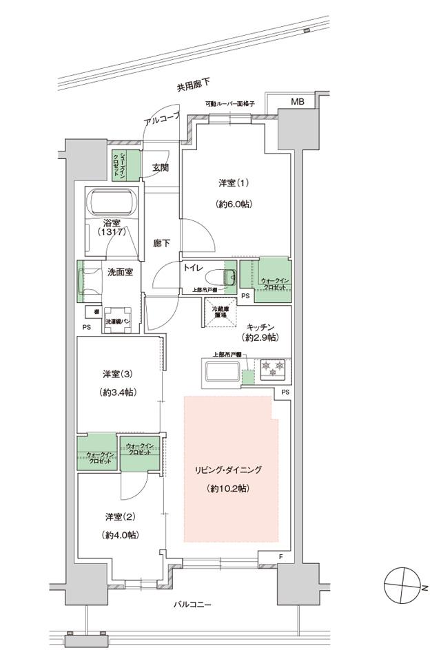 ジェイグラン国立の間取り図　F(2-9F)：3LDK+3WIC
