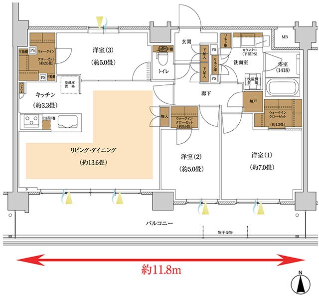 バウス我孫子天王台の間取り図　Q：3LDK+3WIC+N