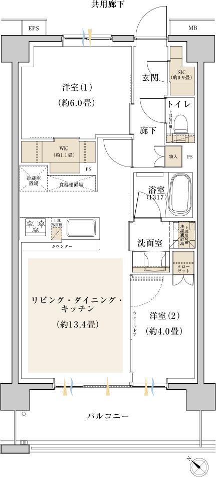 プライム東神奈川の間取り図　D3：2LDK+WIC+SIC