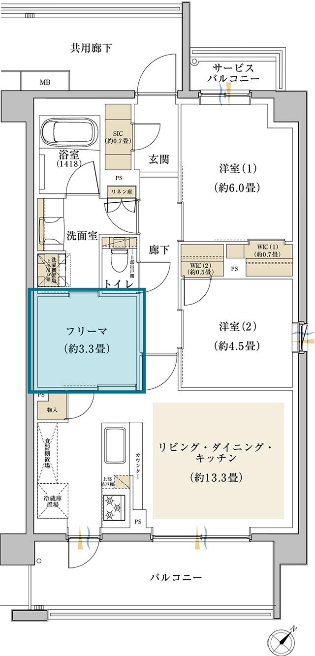 プライム東神奈川の間取り図　I：2LDK+フリーマ+2WIC+SIC
