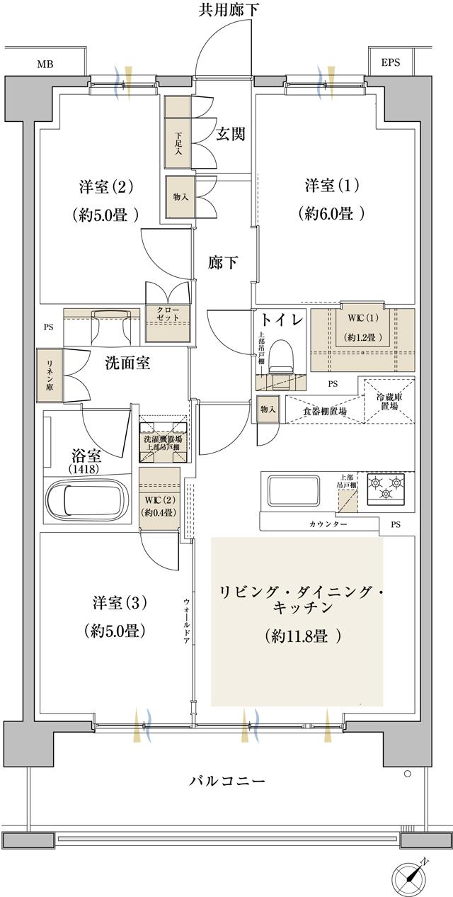 プライム東神奈川の間取り図　H2：3LDK＋2WIC
