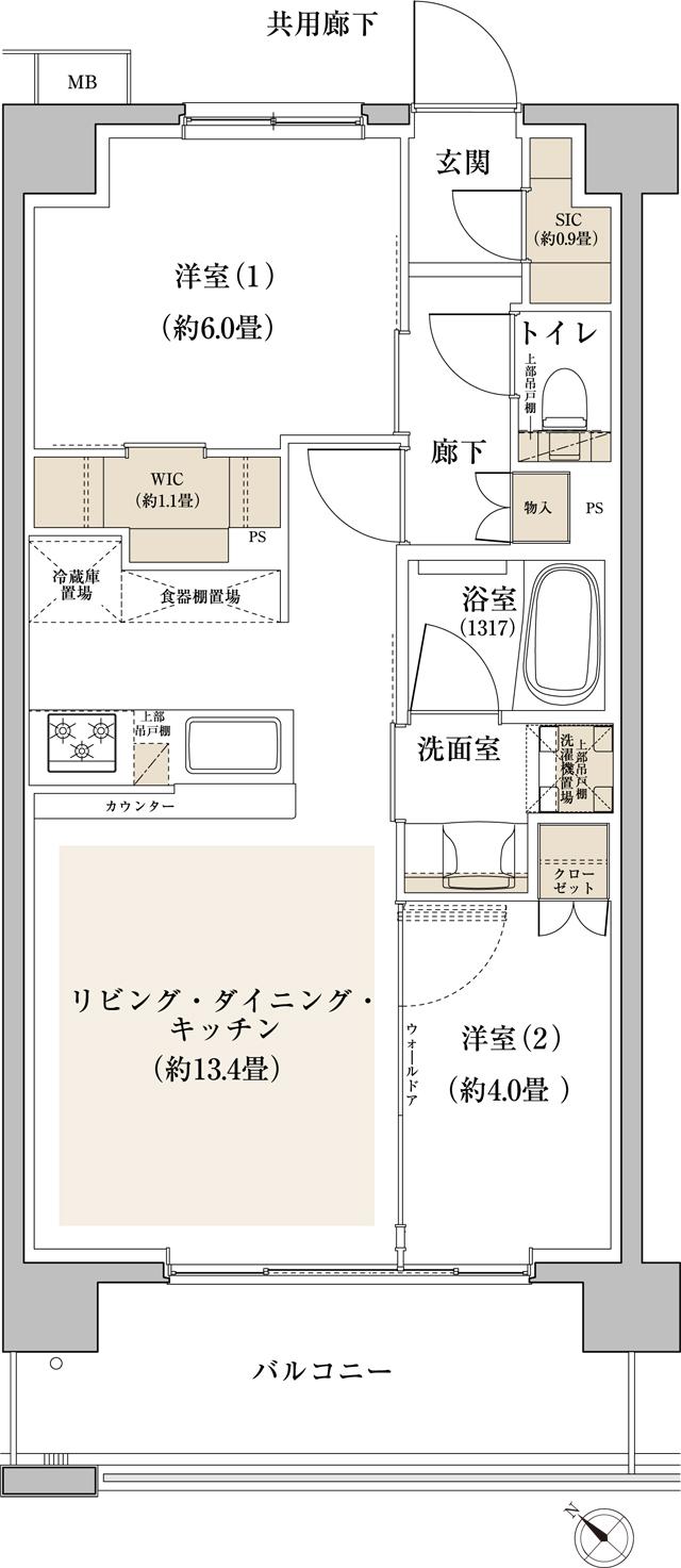 プライム東神奈川の間取り図　D1：2LDK＋WIC＋SIC