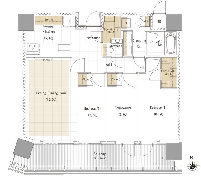 リビオタワー品川の間取り図　P-85As：3LDK+WIC+SIC+TR