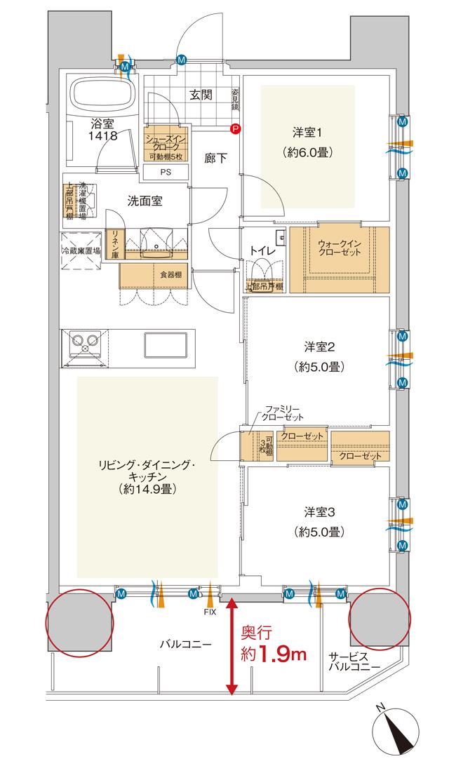 ミオカステーロ橋本IIの間取り図　B(2～11階)：3LDK+WIC+FC+SIC