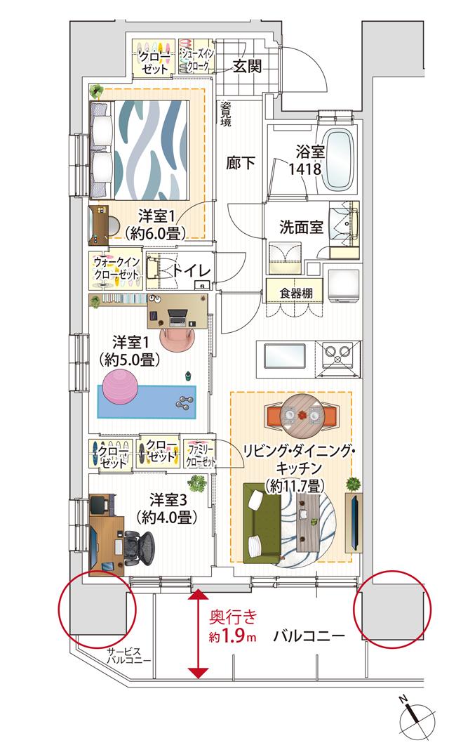 ミオカステーロ橋本IIの間取り図　A：3LDK+WIC+FC+SIC
