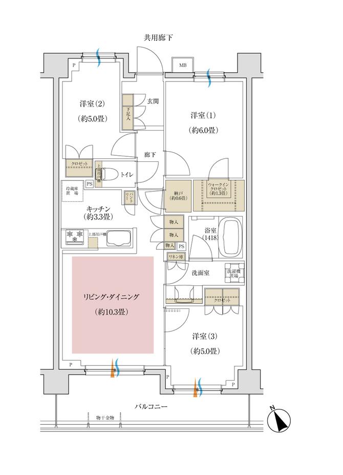 バウス西船橋の間取り図　E1：3LDK+WIC+N