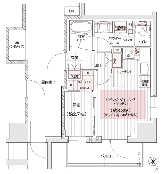 アウラ立川曙町の間取り図　E：1LDK+WIC