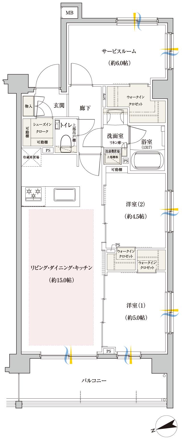 ファインスクェア府中緑町グランの間取り図　E(2F)：2LDK+S+3WIC+SIC
