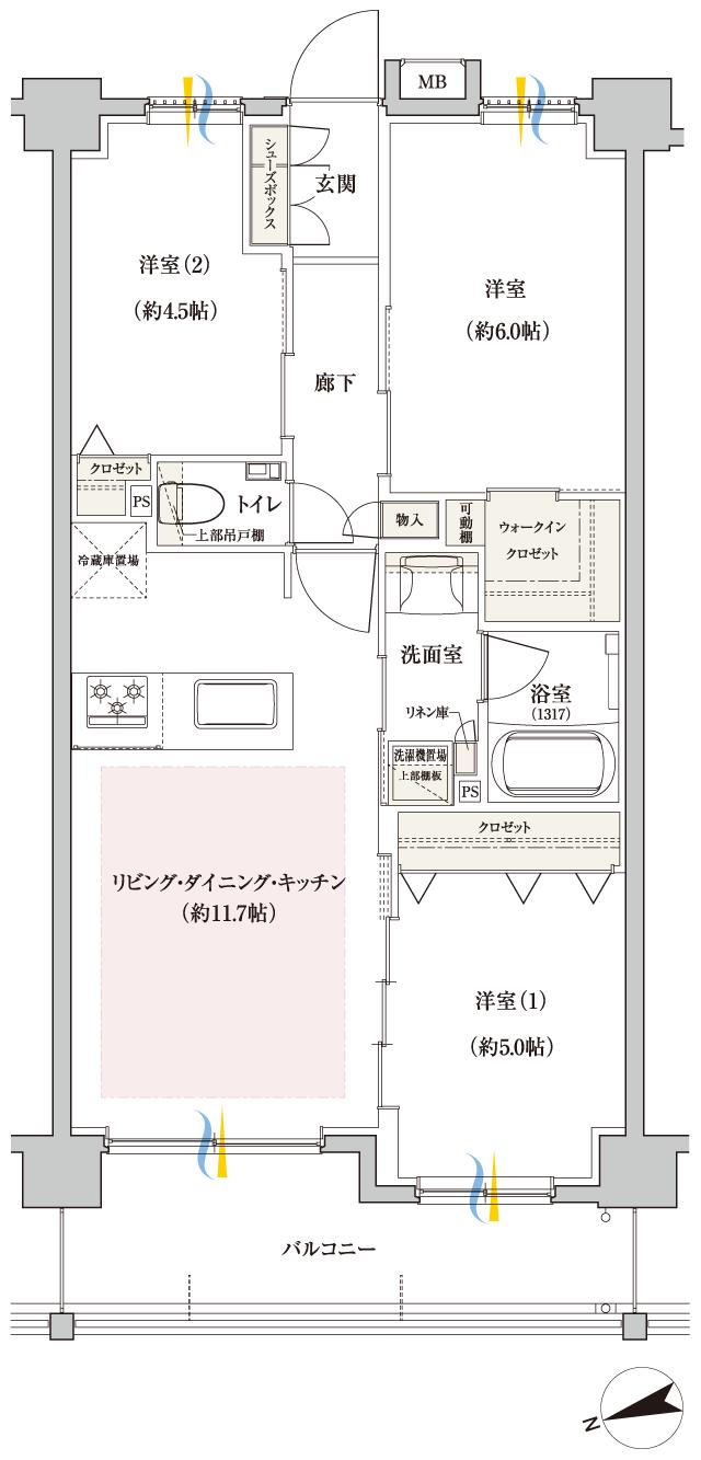 ファインスクェア府中緑町グランの間取り図　D(6F)：3LDK+WIC