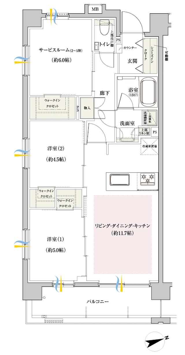 ファインスクェア府中緑町グランの間取り図　F(2～5F)：2LDK+S+3WIC+SIC