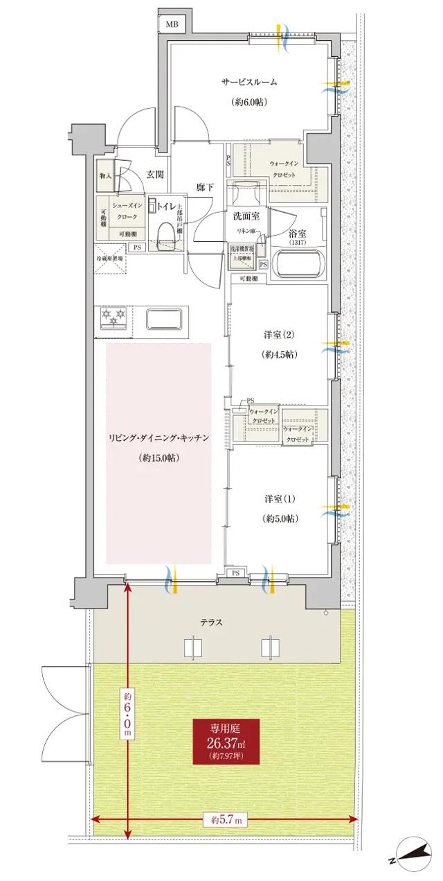 ファインスクェア府中緑町グランの間取り図　Eg：2LDK+S+3WIC+SIC