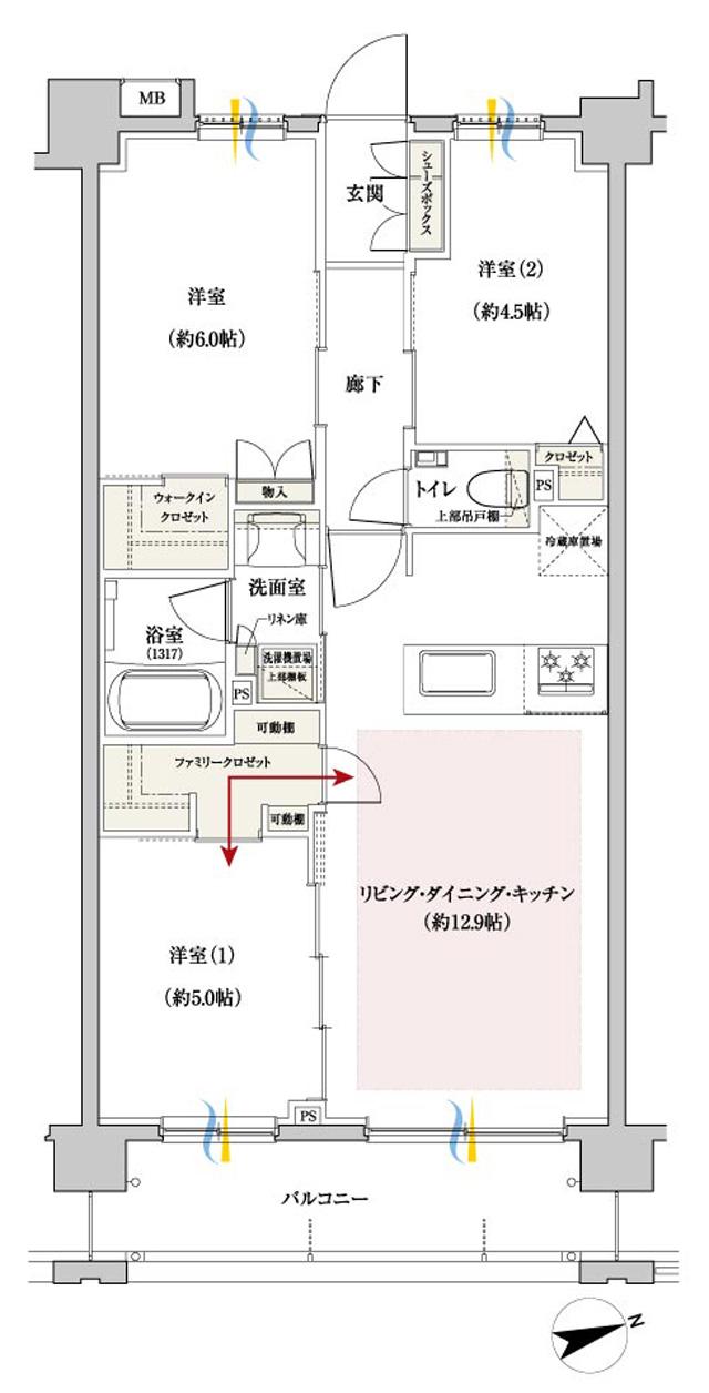 ファインスクェア府中緑町グランの間取り図　G：3LDK+FC+WIC