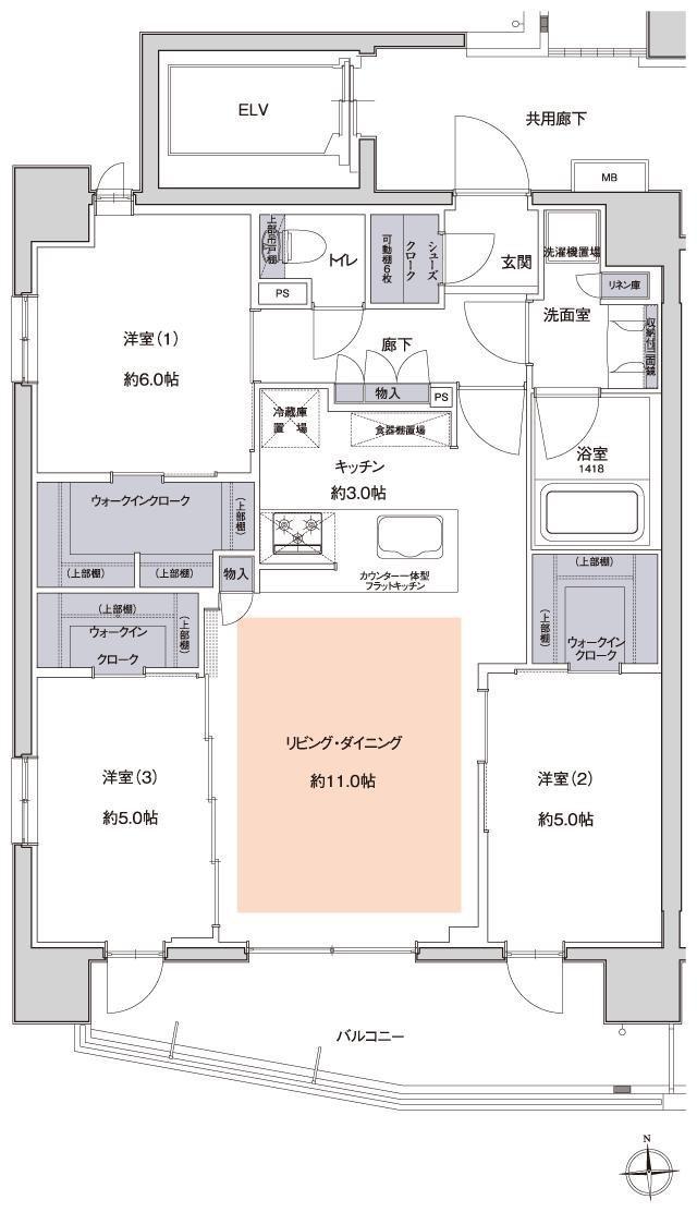 サンクレイドル南葛西の間取り図　A：3LDK+3WIC+SC