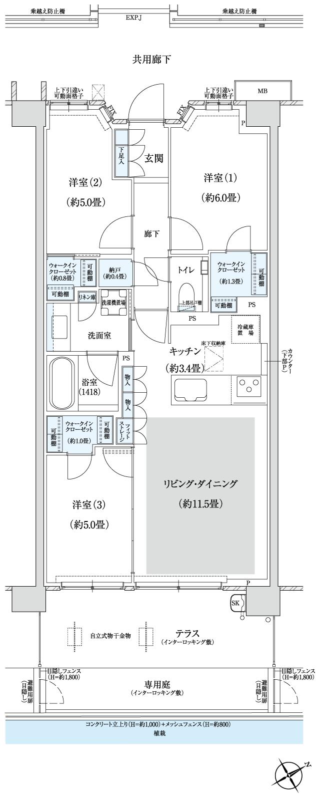バウス一之江の間取り図　C5t：3LDK+3WIC+N+FS
