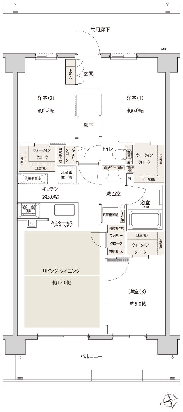 サンクレイドル津田沼IIIの間取り図　C：3LDK+3WIC+2FC