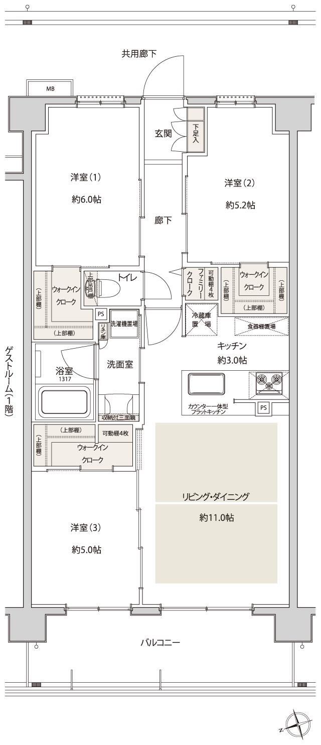 サンクレイドル津田沼IIIの間取り図　Fa：3LDK+3WIC+FC