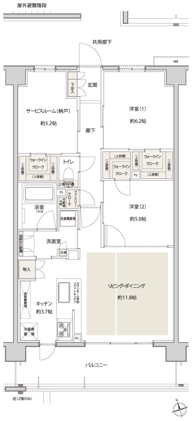 サンクレイドル津田沼IIIの間取り図　K：2LDK+S+3WIC+FC