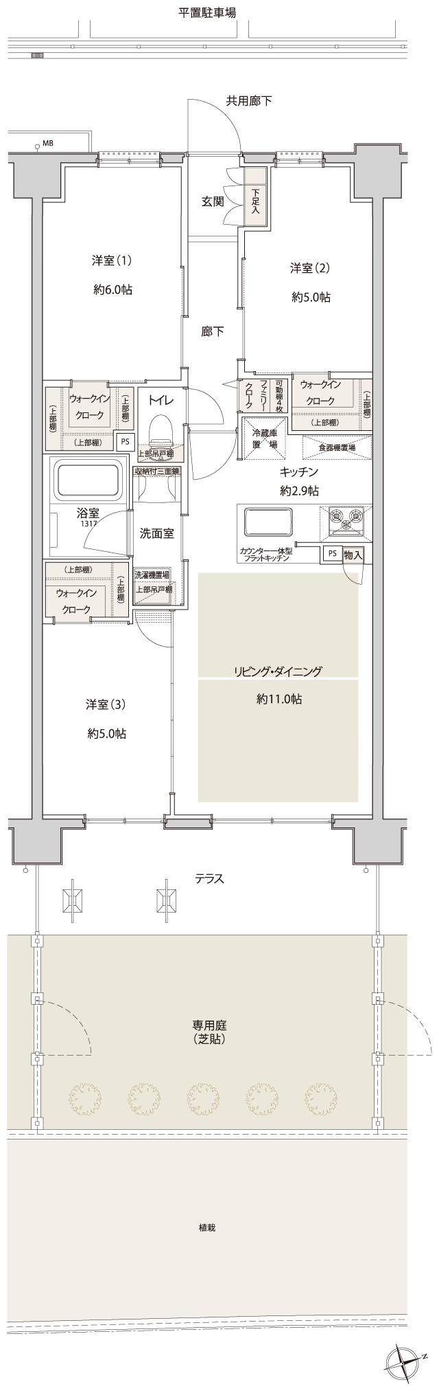 サンクレイドル津田沼IIIの間取り図　P'bg：3LDK+3WIC+FC