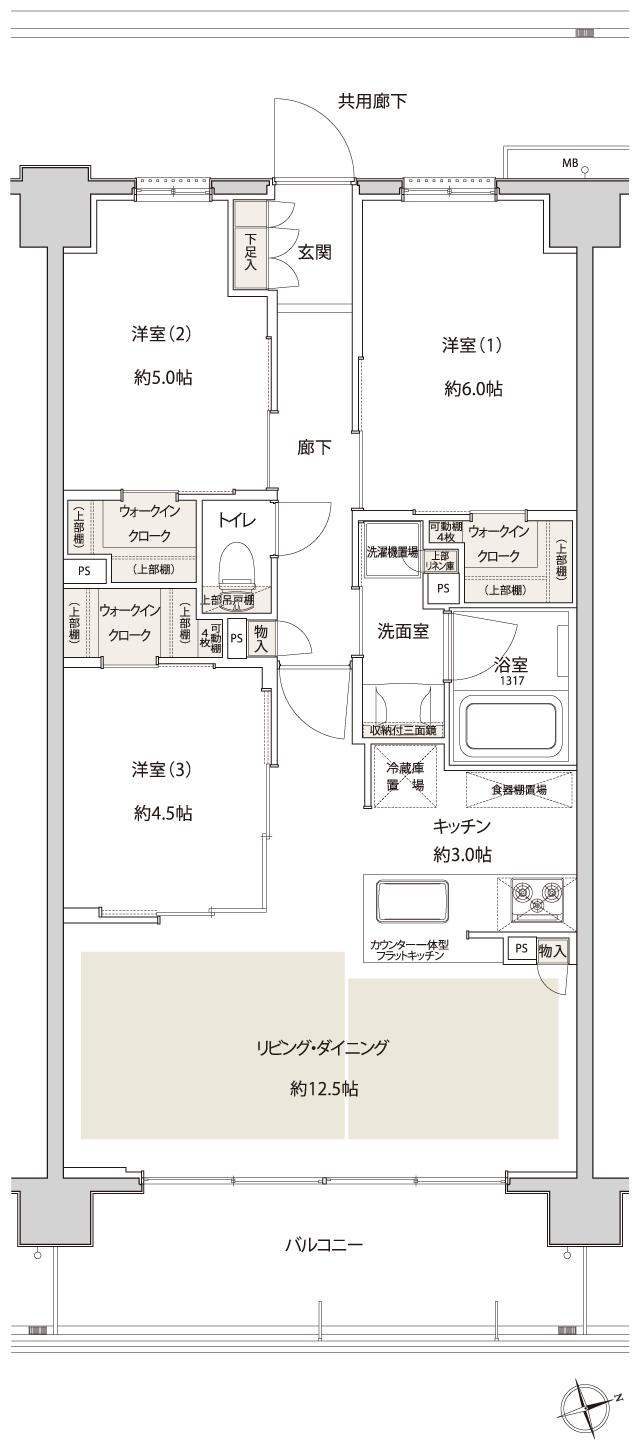 サンクレイドル津田沼IIIの間取り図　Q'：3LDK+3WIC