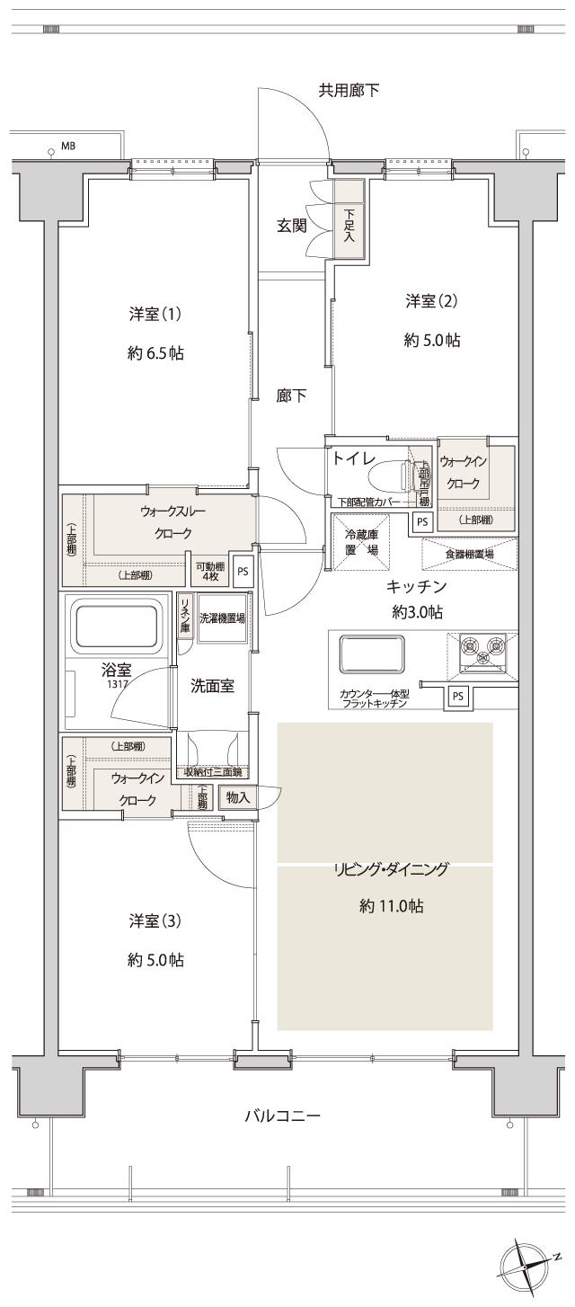 サンクレイドル津田沼IIIの間取り図　R：3LDK+2WIC+WTC