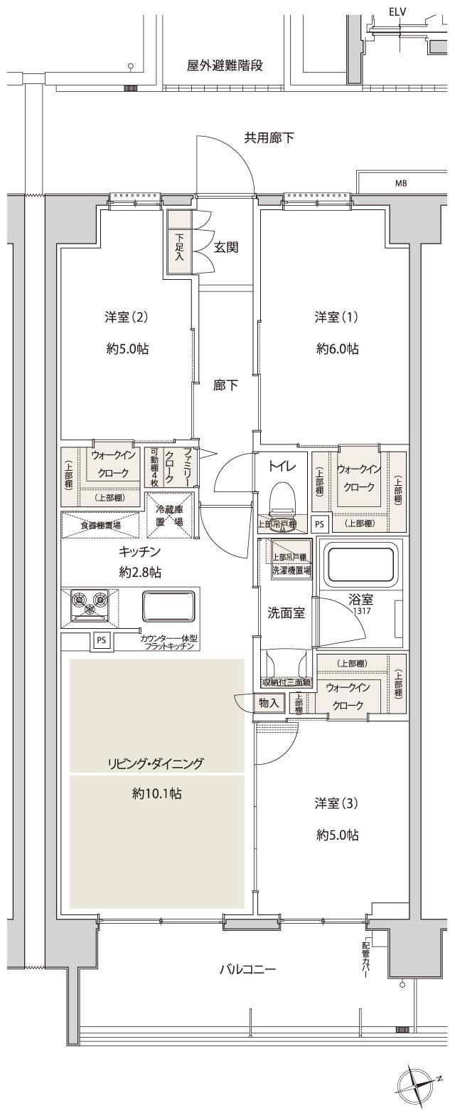サンクレイドル津田沼IIIの間取り図　T：3LDK+3WIC+FC