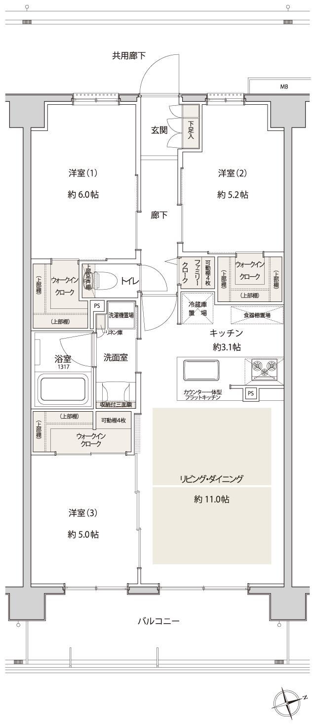 サンクレイドル津田沼IIIの間取り図　U：3LDK+3WIC+FC
