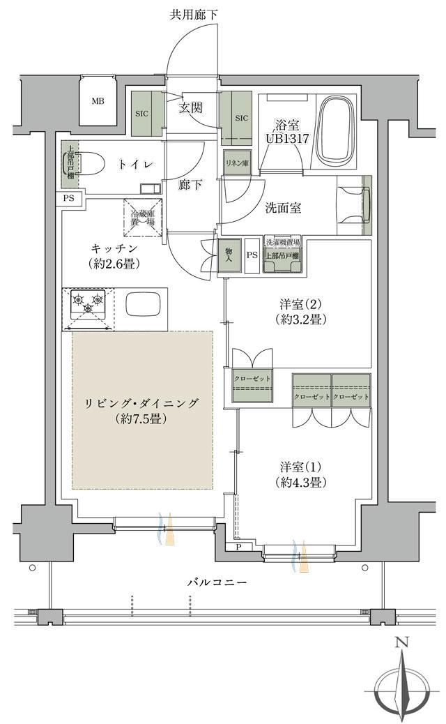 プレディア横浜反町の間取り図　B：2LDK+2SIC
