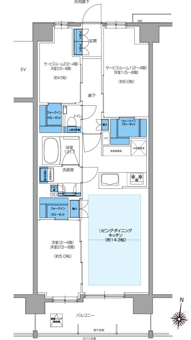 プレシス小岩ヴェルデの間取り図　C（2～4F）：1LDK+2S+3WIC