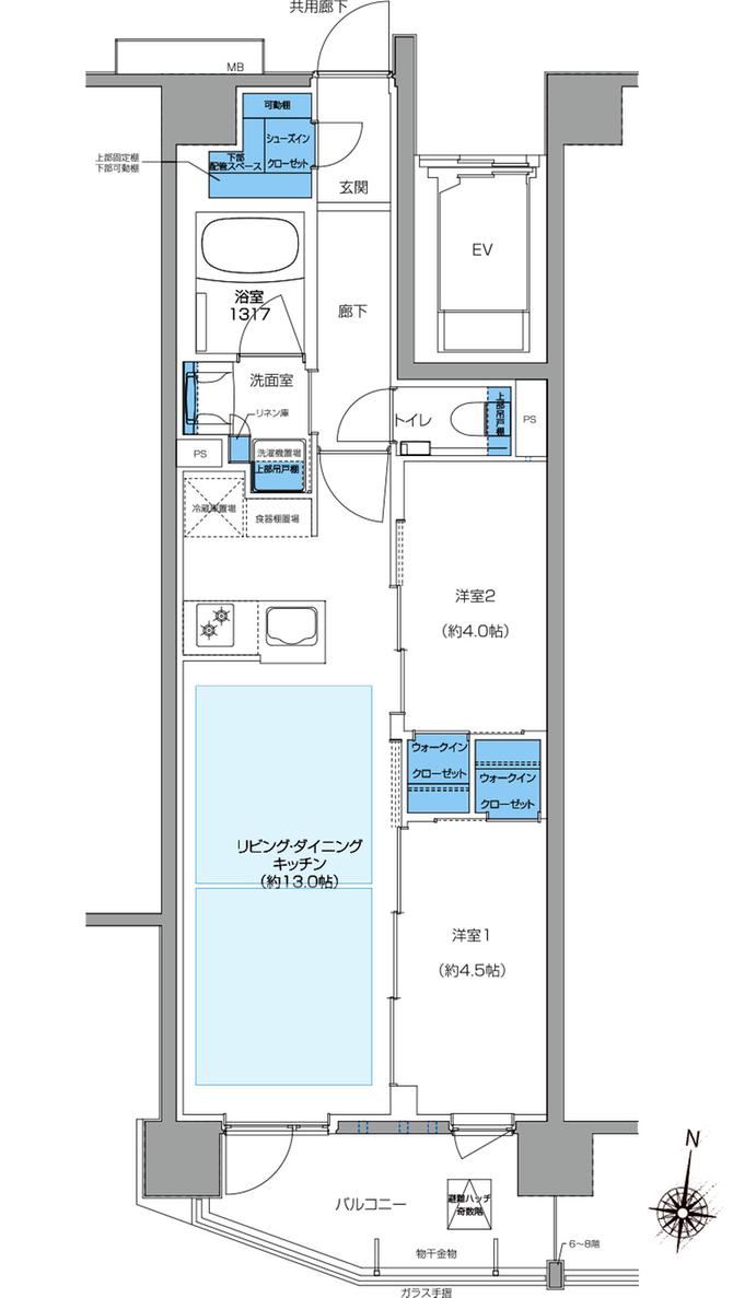 プレシス小岩ヴェルデの間取り図　B：2LDK+2WIC+SIC