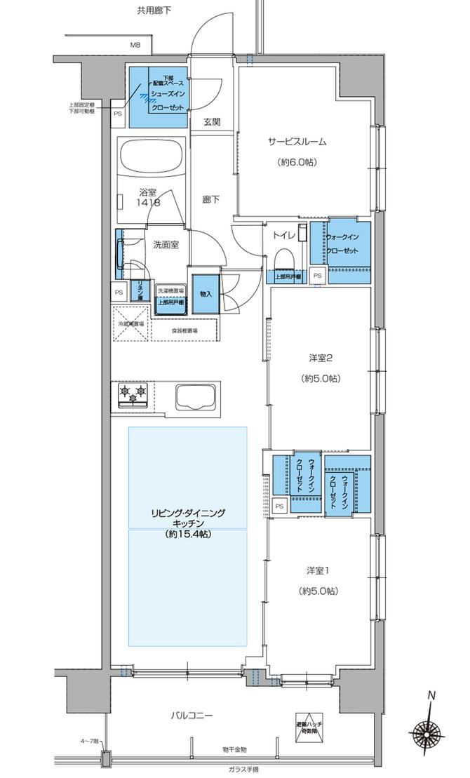 プレシス小岩ヴェルデの間取り図　D1（2～6F）：2LDK+S+3WIC+SIC
