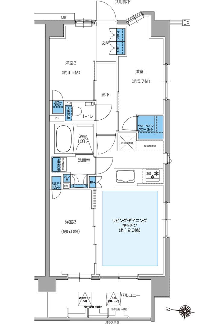 プレシス小岩ヴェルデの間取り図　E2：3LDK+WIC