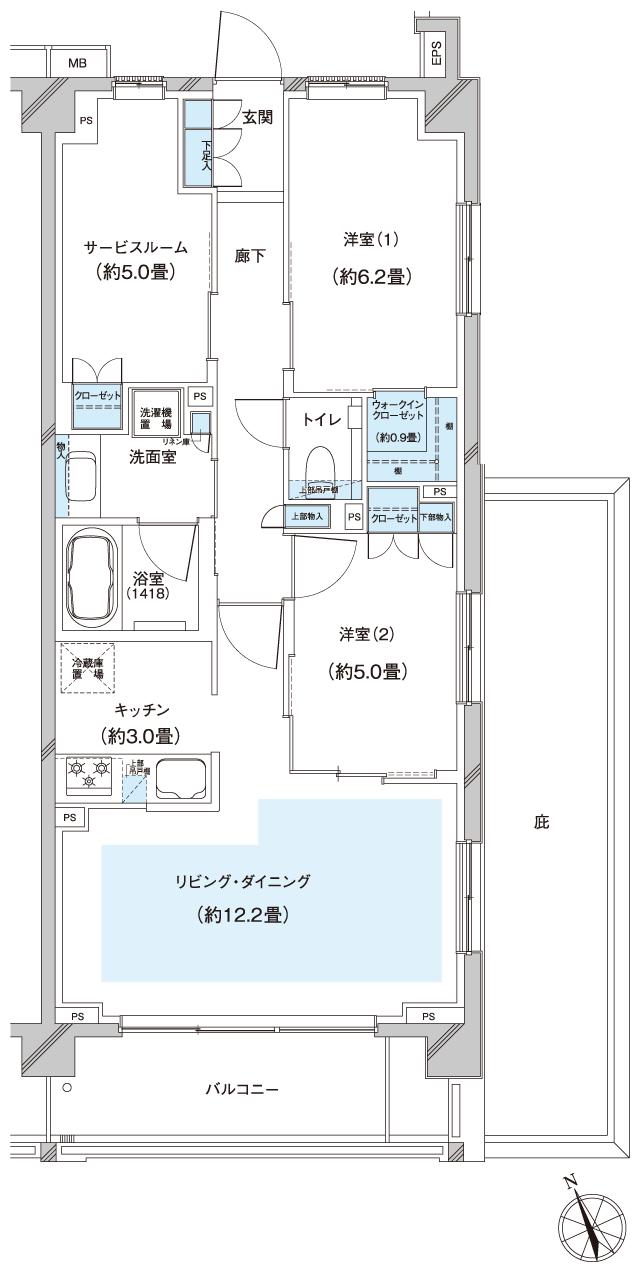 クレストフォルム湘南鵠沼の間取り図　Es：2LDK+S(サービスルーム[納戸])+WIC