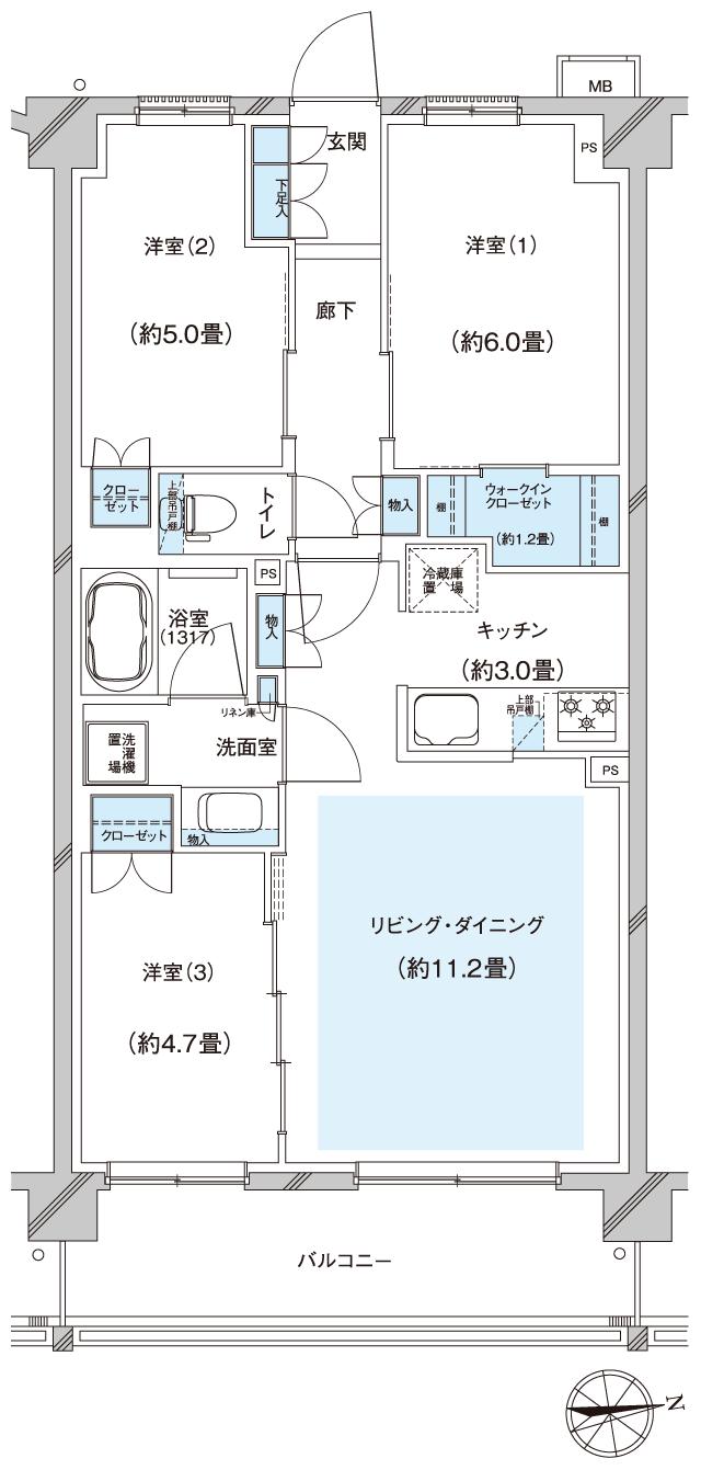 クレストフォルム湘南鵠沼の間取り図　K：3LDK+WIC